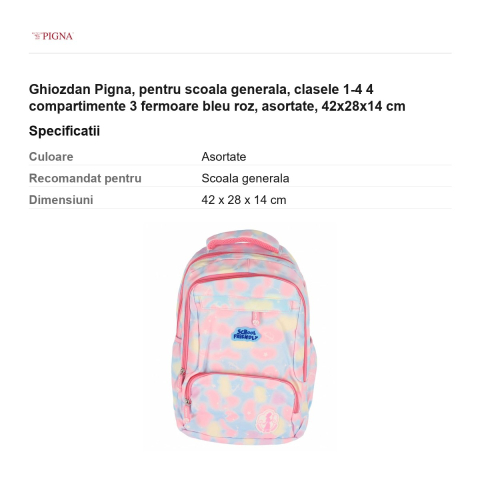 Ghiozdan Pigna, pentru scoala generala, 4 compartimente 3 fermoare bleu roz, asortate, 42x28x14 cm [2]