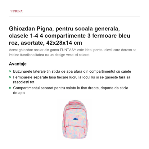 Ghiozdan Pigna, pentru scoala generala, 4 compartimente 3 fermoare bleu roz, asortate, 42x28x14 cm [1]
