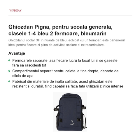 Ghiozdan Pigna, pentru scoala generala, bleu 2 fermoare, bleumarin [1]