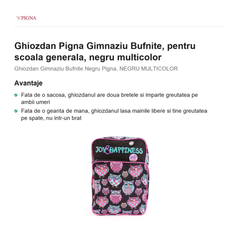Ghiozdan Pigna, pentru scoala generala, bufnite, negru multicolor [1]