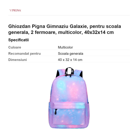 Ghiozdan Pigna, pentru scoala generala, galaxie 2 fermoare, multicolor, 40x32x14 cm [2]