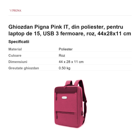 Ghiozdan Pigna Pink IT, din poliester, pentru laptop de 15.6 inch, USB 3 fermoare, roz, 44x28x11 cm [2]