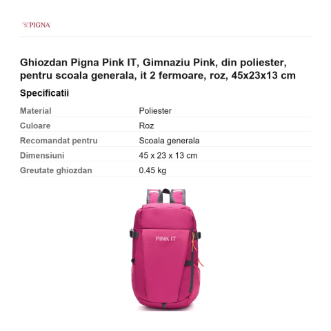 Ghiozdan Pigna Pink IT, din poliester, pentru scoala generala, 2 fermoare, roz, 45x23x13 cm [2]
