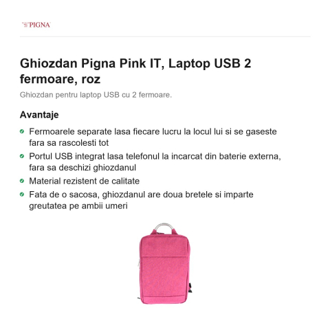 Ghiozdan Pigna Pink IT, laptop USB 2 fermoare, roz [1]