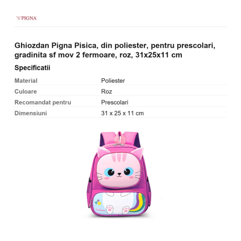 Ghiozdan Pigna Pisica, din poliester, pentru prescolari, sf mov 2 fermoare, roz, 31x25x11 cm [2]