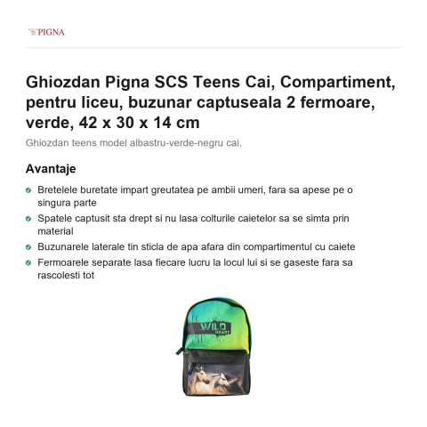 Ghiozdan Pigna SCS Teens Cai, pentru liceu, compartiment buzunar captuseala 2 fermoare, verde, 42 x 30 x 14 cm [1]