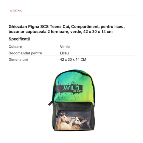 Ghiozdan Pigna SCS Teens Cai, pentru liceu, compartiment buzunar captuseala 2 fermoare, verde, 42 x 30 x 14 cm [2]