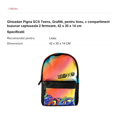 Ghiozdan Pigna SCS Teens, pentru liceu, grafitti c compartiment buzunar captuseala 2 fermoare, 42 x 30 x 14 cm [2]