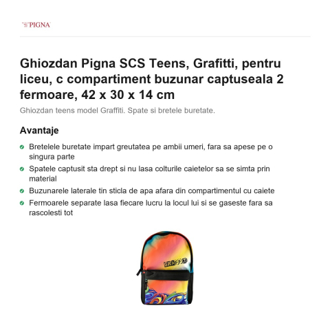 Ghiozdan Pigna SCS Teens, pentru liceu, grafitti c compartiment buzunar captuseala 2 fermoare, 42 x 30 x 14 cm [1]