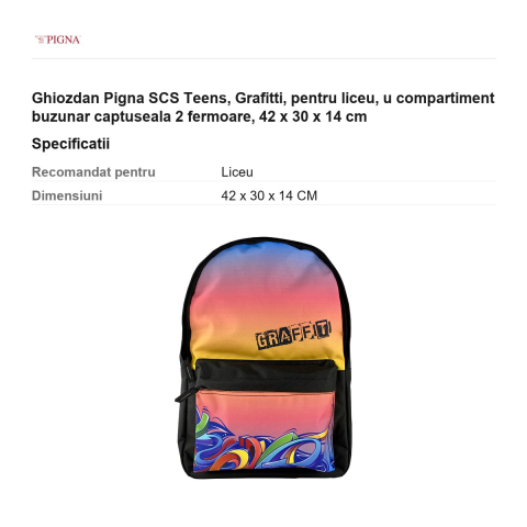 Ghiozdan Pigna SCS Teens, pentru liceu, grafitti u compartiment buzunar captuseala 2 fermoare, 42 x 30 x 14 cm [2]