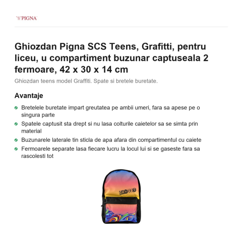 Ghiozdan Pigna SCS Teens, pentru liceu, grafitti u compartiment buzunar captuseala 2 fermoare, 42 x 30 x 14 cm [1]
