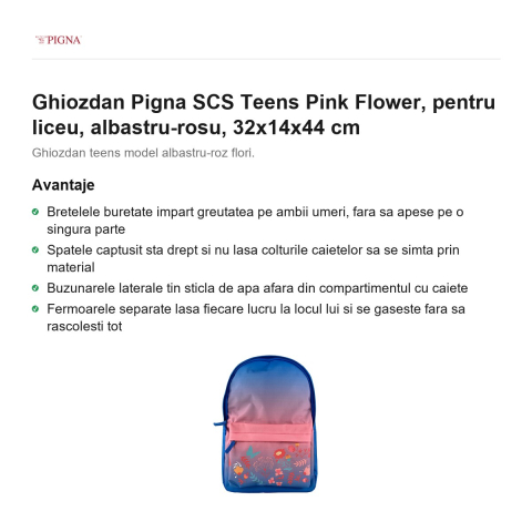 Ghiozdan Pigna SCS Teens Pink Flower, pentru liceu, albastru-rosu, 32x14x44 cm [1]
