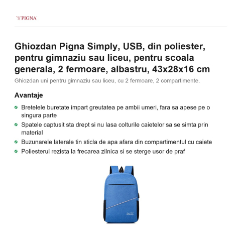 Ghiozdan Pigna Simply, din poliester, pentru gimnaziu sau liceu, USB 2 fermoare, albastru, 43x28x16 cm [1]