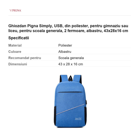 Ghiozdan Pigna Simply, din poliester, pentru gimnaziu sau liceu, USB 2 fermoare, albastru, 43x28x16 cm [2]