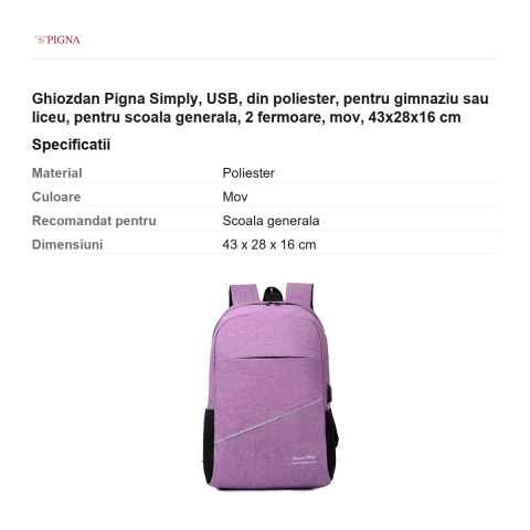 Ghiozdan Pigna Simply, din poliester, pentru gimnaziu sau liceu, USB 2 fermoare, mov, 43x28x16 cm [2]