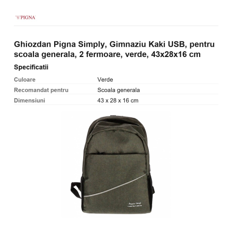 Ghiozdan Pigna Simply, pentru scoala generala, kaki USB 2 fermoare, verde, 43x28x16 cm [2]