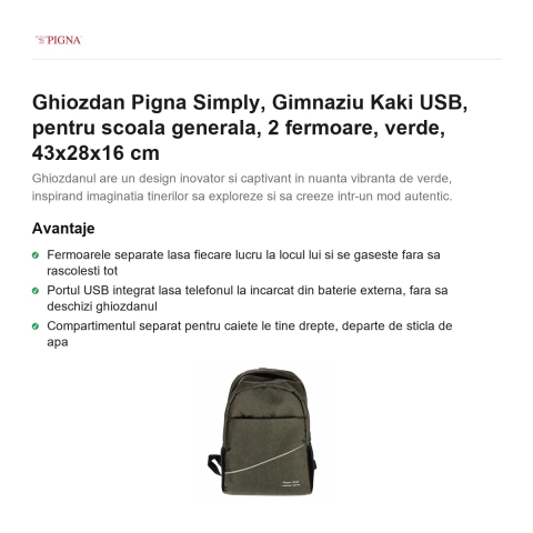 Ghiozdan Pigna Simply, pentru scoala generala, kaki USB 2 fermoare, verde, 43x28x16 cm [1]
