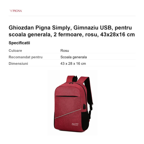 Ghiozdan Pigna Simply, pentru scoala generala, USB 2 fermoare, rosu, 43x28x16 cm [2]