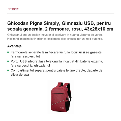 Ghiozdan Pigna Simply, pentru scoala generala, USB 2 fermoare, rosu, 43x28x16 cm [1]