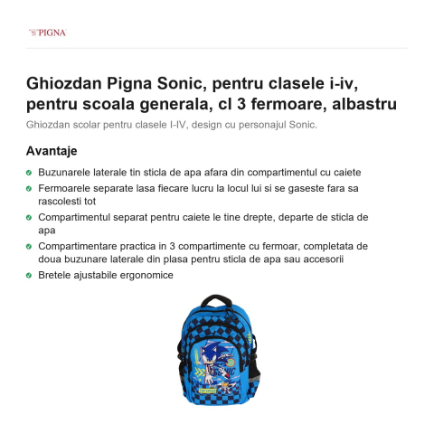 Ghiozdan Pigna Sonic, pentru clasele I-IV, cl 3 fermoare, albastru [1]