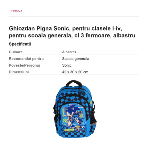 Ghiozdan Pigna Sonic, pentru clasele I-IV, cl 3 fermoare, albastru [2]