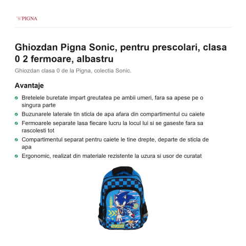 Ghiozdan Pigna Sonic, pentru prescolari, 2 fermoare, albastru [1]