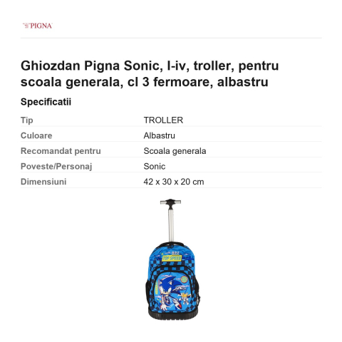 Ghiozdan Pigna Sonic, troller, pentru scoala generala, cl I-IV 3 fermoare, albastru [2]