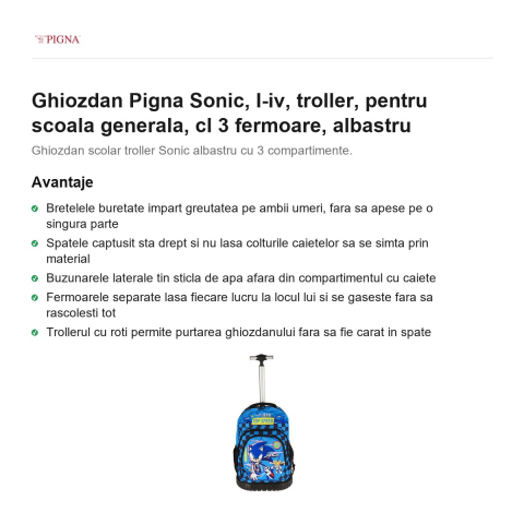 Ghiozdan Pigna Sonic, troller, pentru scoala generala, cl I-IV 3 fermoare, albastru [1]