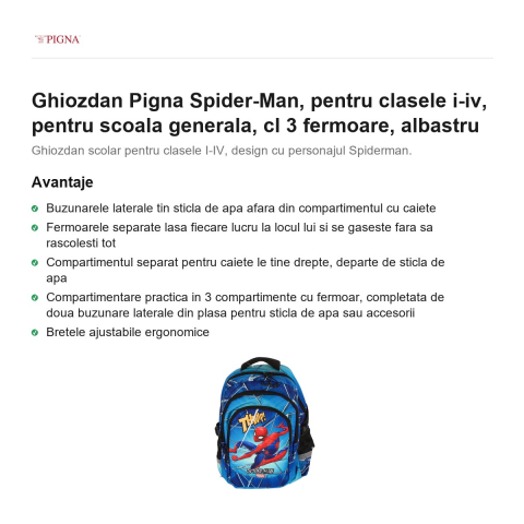 Ghiozdan Pigna Spider-Man, pentru clasele I-IV, cl 3 fermoare, albastru [1]