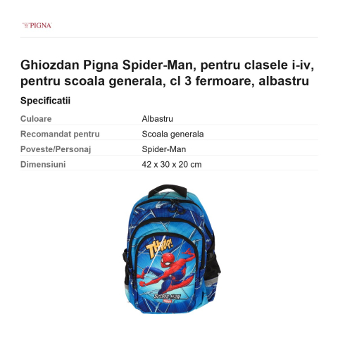 Ghiozdan Pigna Spider-Man, pentru clasele I-IV, cl 3 fermoare, albastru [2]