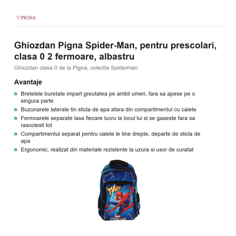 Ghiozdan Pigna Spider-Man, pentru prescolari, 2 fermoare, albastru [1]
