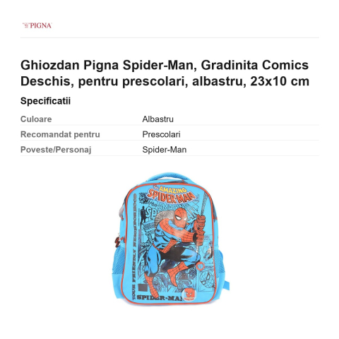 Ghiozdan Pigna Spider-Man, pentru prescolari, comics deschis, albastru, 23x10 cm [2]