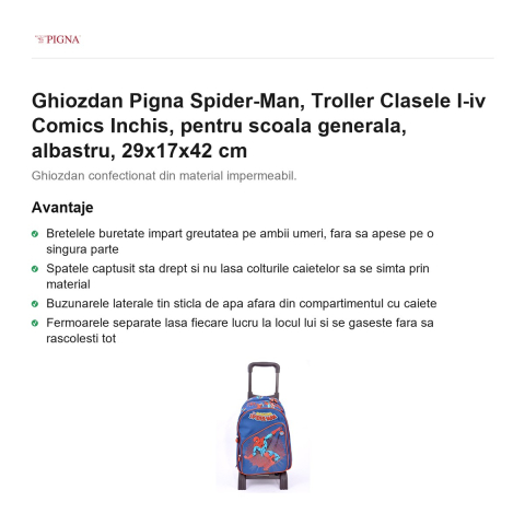 Ghiozdan Pigna Spider-Man, pentru scoala generala, troller I-IV comics inchis, albastru, 29x17x42 cm [1]