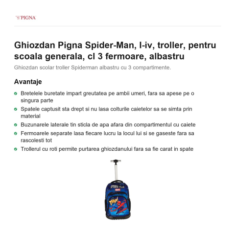 Ghiozdan Pigna Spider-Man, troller, pentru scoala generala, cl I-IV 3 fermoare, albastru [1]