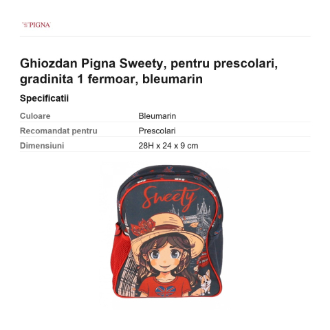 Ghiozdan Pigna Sweety, pentru prescolari, 1 fermoar, bleumarin [2]
