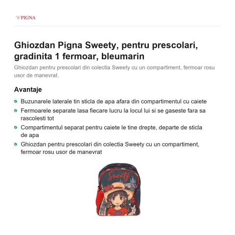 Ghiozdan Pigna Sweety, pentru prescolari, 1 fermoar, bleumarin [1]