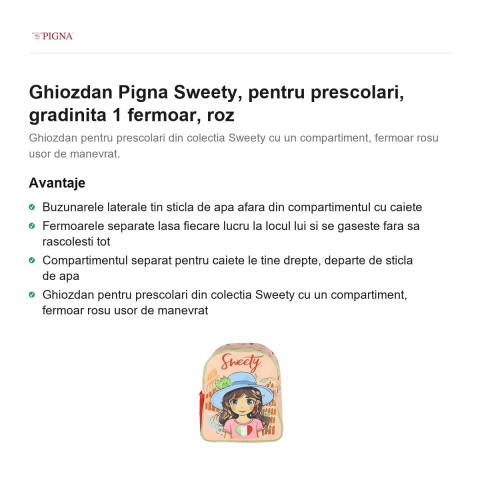 Ghiozdan Pigna Sweety, pentru prescolari, 1 fermoar, roz [1]