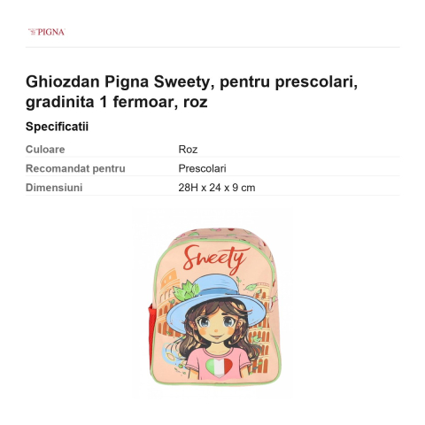 Ghiozdan Pigna Sweety, pentru prescolari, 1 fermoar, roz [2]