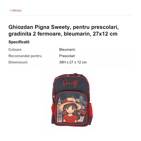 Ghiozdan Pigna Sweety, pentru prescolari, 2 fermoare, bleumarin, 27x12 cm [2]
