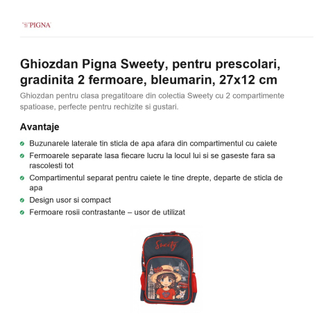 Ghiozdan Pigna Sweety, pentru prescolari, 2 fermoare, bleumarin, 27x12 cm [1]