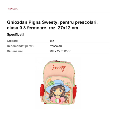 Ghiozdan Pigna Sweety, pentru prescolari, 3 fermoare, roz, 27x12 cm [2]