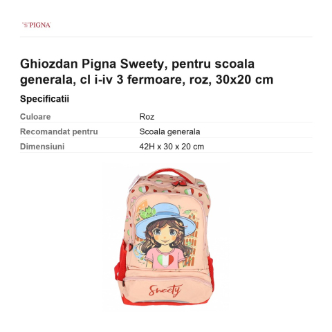 Ghiozdan Pigna Sweety, pentru scoala generala, cl I-IV 3 fermoare, roz, 30x20 cm [2]