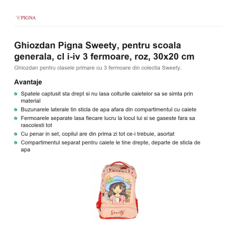 Ghiozdan Pigna Sweety, pentru scoala generala, cl I-IV 3 fermoare, roz, 30x20 cm [1]