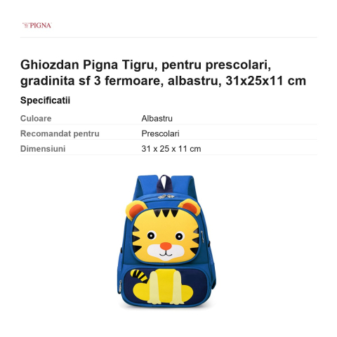 Ghiozdan Pigna Tigru, pentru prescolari, sf 3 fermoare, albastru, 31x25x11 cm [2]