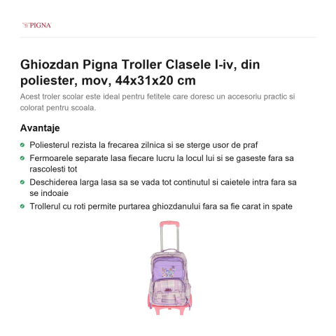 Ghiozdan Pigna Troller Clasele I-IV, din poliester, mov, 44x31x20 cm [1]