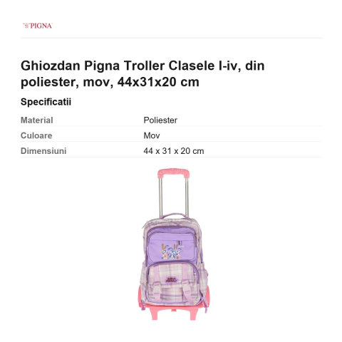 Ghiozdan Pigna Troller Clasele I-IV, din poliester, mov, 44x31x20 cm [2]