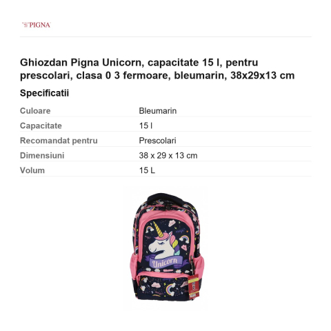 Ghiozdan Pigna Unicorn, capacitate 15 l, pentru prescolari, 3 fermoare, bleumarin, 38x29x13 cm [2]