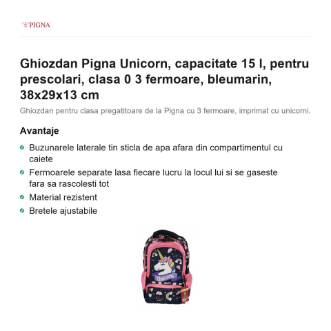 Ghiozdan Pigna Unicorn, capacitate 15 l, pentru prescolari, 3 fermoare, bleumarin, 38x29x13 cm [1]