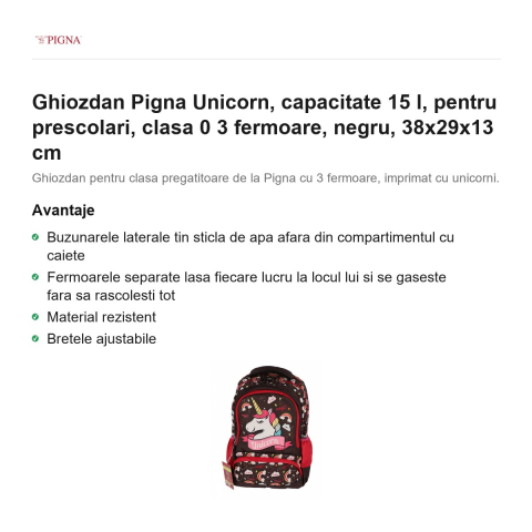 Ghiozdan Pigna Unicorn, capacitate 15 l, pentru prescolari, 3 fermoare, negru, 38x29x13 cm [1]