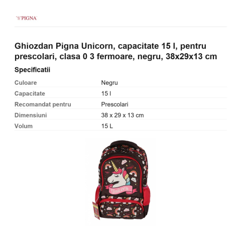 Ghiozdan Pigna Unicorn, capacitate 15 l, pentru prescolari, 3 fermoare, negru, 38x29x13 cm [2]